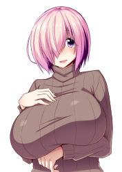 Rule 34 | 1girl, alternate breast size, alternate costume, arm under breasts, blush, breasts, brown sweater, fate/grand order, fate (series), hair over one eye, hand on own chest, highres, huge breasts, long sleeves, looking at viewer, mash kyrielight, nokoppa, open mouth, pink hair, purple eyes, ribbed sweater, short hair, simple background, smile, solo, sweater, turtleneck, turtleneck sweater, upper body, white background