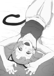 Rule 34 | 1girl, :d, animal ears, armpits, bare arms, bare legs, bare shoulders, barefoot, blush, bow, bow panties, cat ears, cat tail, claw pose, copyright request, fangs, greyscale, hair spread out, hands up, highres, legs together, looking at viewer, lying, monochrome, navel, on back, open mouth, osame, panties, smile, solo, stomach, tail, underwear