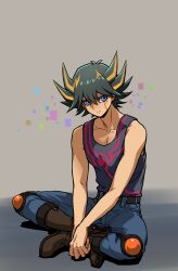 Rule 34 | 1boy, absurdres, bare shoulders, belt, black hair, black tank top, blue eyes, blue pants, boots, brown footwear, collarbone, crossed legs, fudou yuusei, grey background, hands on lap, highres, knee pads, leaning, leaning forward, leather belt, looking to the side, male focus, multicolored hair, own hands together, pants, short hair, simple background, sitting, smile, solo, spiked hair, streaked hair, tank top, youko-shima, yu-gi-oh!, yu-gi-oh! 5d&#039;s