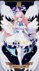 Rule 34 | 1girl, angel wings, black footwear, blue archive, blush, breasts, capelet, closed mouth, crescent, crescent pin, dress, feathered wings, full body, halo, highres, koflif, long hair, looking at viewer, medium breasts, mika (blue archive), pantyhose, pink hair, pink halo, shoes, smile, solo, white capelet, white dress, white pantyhose, white wings, wings, yellow eyes