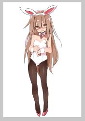 Rule 34 | 1girl, animal ears, black bow, black bowtie, bow, bowtie, brown eyes, brown hair, caburi, detached collar, fake animal ears, flat chest, full body, glasses, gluteal fold, high heels, highres, kantai collection, leotard, long hair, looking at viewer, mochizuki (kancolle), pantyhose, playboy bunny, rabbit ears, red-framed eyewear, red footwear, semi-rimless eyewear, simple background, solo, standing, strapless, strapless leotard, under-rim eyewear, white background, white leotard, wrist cuffs