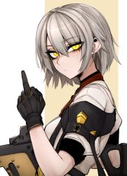 Rule 34 | 1girl, black gloves, breasts, girls&#039; frontline, gloves, grey hair, holding, j.k., looking at viewer, middle finger, short hair, solo, vector (girls&#039; frontline), yellow eyes