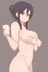 Rule 34 | 1girl, artist request, black hair, blue eyes, blush, breasts, completely nude, cowboy shot, cup, female pubic hair, folait, highres, lactating into container, lactation, large breasts, long hair, looking at viewer, mole, mole on arm, mole on breast, mole on stomach, mole under eye, nipples, nude, original, pubic hair, pussy, smile, solo, thighs