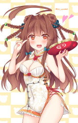 Rule 34 | 10s, 1girl, :3, :d, ahoge, alternate costume, alternate hairstyle, animal print, bamboo steamer, bare shoulders, beads, bear print, blue bow, blunt bangs, blush, bow, braid, breasts, brown eyes, brown hair, character name, checkered background, china dress, chinese clothes, cleavage, cleavage cutout, clothing cutout, colored eyelashes, covered navel, cowboy shot, cross-laced clothes, double bun, dress, eyebrows, eyes visible through hair, fang, floating hair, floral print, from side, groin, hair beads, hair bow, hair bun, hair intakes, hair ornament, hair scrunchie, hair up, halterneck, hands up, happy, heart, hip focus, holding, holding tray, huge ahoge, index finger raised, jewelry, kantai collection, ko yu, kuma (kancolle), lace, lace-trimmed dress, lace trim, long hair, medium breasts, multiple braids, necktie, no panties, open mouth, red necktie, ring, scrunchie, short dress, short necktie, side slit, sideboob, sidelocks, sleeveless, sleeveless dress, smile, solo, spoken heart, standing, straight hair, thighs, tray, turtleneck, twitter username, wedding band, white background, white dress, yellow background