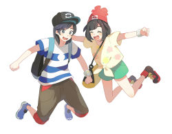 Rule 34 | 1boy, 1girl, :d, baseball cap, beanie, black headwear, blue footwear, capri pants, closed eyes, commentary request, creatures (company), elio (pokemon), eyelashes, floral print, game freak, green shorts, hat, nintendo, open mouth, outstretched arms, pants, pokemon, pokemon sm, red headwear, selene (pokemon), shirt, shoes, short sleeves, shorts, smile, striped clothes, striped shirt, t-shirt, teeth, tied shirt, tongue, unapoppo, |d