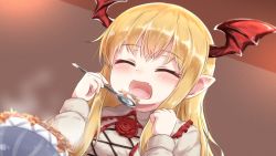 Rule 34 | 10s, 1girl, :d, ^ ^, blonde hair, closed eyes, collared shirt, eating, fang, foo snow, food, granblue fantasy, head wings, highres, long hair, noodles, open mouth, pointy ears, shingeki no bahamut, shirt, smile, solo, udon, vampy, wing collar, wings