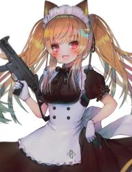 Rule 34 | 1girl, :d, alternate costume, animal ears, apron, bad id, bad twitter id, bell, black bow, black bowtie, black dress, blurry, bow, bowtie, breasts, brown hair, cat ears, dress, enmaided, fang, girls&#039; frontline, gloves, gun, hair ornament, hairclip, hanato (seonoaiko), heckler &amp; koch, highres, holding, holding gun, holding weapon, jingle bell, kemonomimi mode, long hair, looking at viewer, maid, maid apron, maid headdress, medium breasts, name connection, object namesake, open mouth, puffy short sleeves, puffy sleeves, red eyes, short sleeves, simple background, smile, solo, submachine gun, trigger discipline, twintails, twitter username, ump9 (girls&#039; frontline), upper body, weapon, white apron, white background, white gloves