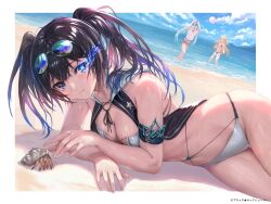 Rule 34 | 3girls, beach, bikini, black hair, black rock shooter, black rock shooter (character), black rock shooter fragment, blonde hair, blue eyes, breasts, constance (brs fragment), copyright name, copyright notice, day, eyewear on head, flaming eye, hermit crab, highres, long hair, looking at viewer, lying, medium breasts, multiple girls, nichola (brs fragment), official alternate costume, official art, on side, outdoors, sand, second-party source, standing, star-shaped pupils, star (symbol), summer, sunglasses, swimsuit, symbol-shaped pupils, twintails, wading, white bikini, yoshiku (oden-usagi)