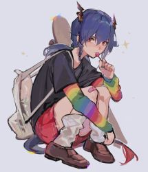 Rule 34 | 1girl, alternate costume, arknights, backpack, bad id, bad twitter id, bag, bandaid, bandaid on knee, bandaid on leg, black shirt, blue hair, braid, breasts, brown footwear, candy, casual, ch&#039;en (arknights), closed mouth, commentary, dragon horns, dragon tail, food, full body, green nails, grey background, highres, horns, hugging own legs, knees to chest, lollipop, looking at viewer, medium breasts, medium hair, miniskirt, nail polish, otammato, rainbow, red eyes, red skirt, shirt, shoes, side braid, simple background, sitting, skateboard, skirt, socks, solo, sparkle, symbol-only commentary, t-shirt, tail, thighs, white socks