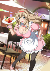 Rule 34 | 1girl, alternate costume, black legwear, blue eyes, bow, breasts, brown hair, cleavage, enmaided, female focus, food, frills, hairband, holding, holding plate, ikkitousen, large breasts, leaning forward, long hair, maid, omelet, omurice, open mouth, plant, plate, smile, solo, sonken chuubou, standing, wrist cuffs