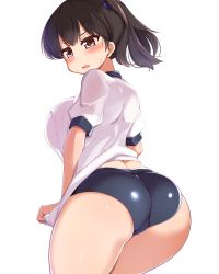Rule 34 | 1girl, absurdres, alternate costume, ass, blush, breasts, brown eyes, brown hair, buruma, clothes pull, cowboy shot, from behind, highres, kaga (kancolle), kantai collection, kurokoshou (emuburemu123), large breasts, long hair, looking at viewer, looking back, side ponytail, simple background, sweatdrop, thick thighs, thighs, white background