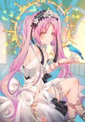 Rule 34 | 1girl, animal, bare shoulders, bird, bird on hand, blush, bow, bracelet, brown eyes, commentary request, dress, euryale (fate), euryale (third ascension) (fate), fate/hollow ataraxia, fate (series), jewelry, long hair, looking at viewer, looking to the side, parted lips, purple hair, see-through, sheepd, sitting, sleeveless, sleeveless dress, solo, twintails, twitter username, very long hair, white bow, white dress