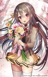 Rule 34 | 1girl, :d, blush, bouquet, brown hair, brown jacket, cherry blossoms, choker, collared shirt, copyright request, cowboy shot, flower, gambe, hair between eyes, hair ribbon, highres, holding, holding flower, jacket, long hair, long sleeves, looking at viewer, official art, open mouth, petals, pleated skirt, red choker, red eyes, ribbon, shirt, skirt, smile, solo, standing, thighhighs, tree, watermark, white shirt, white thighhighs, wing collar, yellow ribbon, yellow skirt