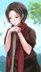 Rule 34 | 10s, 1boy, :t, alternate costume, blue sky, day, earrings, japanese clothes, jewelry, kashuu kiyomitsu, male focus, mole, mole under mouth, nail polish, personification, red eyes, red nails, red scarf, scarf, short hair, sky, solo, toi (toiot), touken ranbu, tree