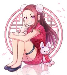 Rule 34 | 1girl, 81 (mellowry), black footwear, brown hair, cherry blossoms, china dress, chinese clothes, double bun, dress, floating hair, full body, grin, idolmaster, idolmaster (classic), hugging own legs, long hair, looking at viewer, minase iori, pink eyes, print dress, red dress, reflection, short dress, short sleeves, sitting, smile, solo, stuffed animal, stuffed toy, thigh strap, very long hair, white background
