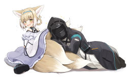 Rule 34 | 1girl, 1other, animal ears, aqua hairband, arknights, black footwear, black jacket, blonde hair, blue dress, blush, braided hair rings, doctor (arknights), dress, fox ears, fox tail, frilled dress, frills, green eyes, hair rings, hairband, highres, hood, hood up, hooded jacket, infection monitor (arknights), jacket, kitsune, kyuubi, looking at viewer, looking back, multiple tails, ohta yuichi, open clothes, open jacket, open mouth, shoes, short hair, sitting, suzuran (arknights), sweatdrop, tail, wariza
