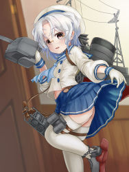 Rule 34 | 1girl, anchor, ass, blue neckerchief, blue ribbon, blue sailor collar, blue skirt, blush, brown eyes, buttons, cannon, chain, commentary request, depth charge, em s, garter straps, glasses, gloves, hat, highres, hirato (kancolle), indoors, kantai collection, long sleeves, machinery, mast, neckerchief, open mouth, pleated skirt, ribbon, rudder footwear, sailor collar, sailor hat, school uniform, serafuku, short hair, silver hair, skirt, smile, smokestack, solo, thigh strap, thighhighs, turret, wavy hair, white gloves, white hat, white thighhighs