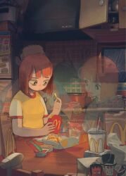 Rule 34 | 1boy, 2girls, absurdres, aged up, bag, bags under eyes, black eyes, blunt bangs, bright pupils, carton, closed mouth, commentary, cup, cupboard, daughter (yoru mac), depressed, disposable cup, drinking straw, eating, family, father (yoru mac), food, french fries, geniski66, ghost, highres, holding, holding food, indoors, ketchup, logo, looking down, mcdonald&#039;s, mcdonald&#039;s dad, mother (yoru mac), multiple girls, paper bag, raglan sleeves, remembering, shirt, short sleeves, table, then and now, yellow shirt, yoru mac