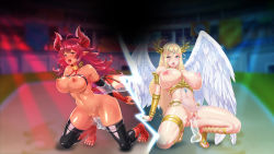 Rule 34 | 2girls, angel wings, arm support, armlet, artist request, blonde hair, blurry, blurry background, blush, breasts, character request, cleavage, copyright request, cross-laced footwear, curvy, demon girl, demon horns, demon wings, disembodied penis, group sex, hair ornament, halo, hetero, highres, horns, huge breasts, kneeling, large breasts, linea alba, long hair, male hand, multiple girls, navel, nude, on one knee, parted bangs, penis, perky breasts, pointy ears, pussy, red hair, sex, shiny skin, split image, tagme, thick thighs, thighs, uncensored, vaginal, very long hair, wings