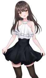 Rule 34 | 1girl, bare shoulders, black skirt, black thighhighs, blush, brown eyes, brown hair, caba (caba091), clothes lift, collarbone, earrings, frilled shirt, frills, head tilt, highres, jewelry, long hair, looking at viewer, original, parted lips, shirt, simple background, skirt, skirt lift, sleeveless, sleeveless shirt, smile, solo, standing, thighhighs, thighs, white background, white shirt, zettai ryouiki