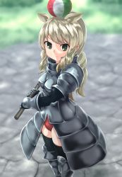 Rule 34 | 10s, 1girl, animal ears, armor, armored boots, black thighhighs, blonde hair, blurry, boots, breasts, closed mouth, curly hair, day, depth of field, extra ears, gauntlets, green eyes, highres, holding, kemono friends, long hair, looking at viewer, medium breasts, okyao, outdoors, paper balloon, ponytail, rhinoceros ears, scroll, solo, thighhighs, white rhinoceros (kemono friends)