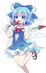 Rule 34 | 1girl, :d, adapted costume, blue bow, blue dress, blue eyes, blue hair, bow, bowtie, circled 9, cirno, cirno day, dress, food, frilled bow, frills, fruit, hair bow, heart, highres, holding, holding food, ice, ice wings, kaoling, looking at viewer, open mouth, red bow, red bowtie, sandals, short hair, simple background, smile, solo, standing, standing on one leg, touhou, watermelon, white background, wings