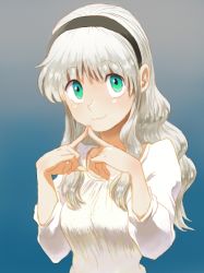 Rule 34 | 1girl, aqua eyes, artist request, black hairband, blue background, breasts, character request, closed mouth, eyes visible through hair, fingers together, gradient background, hairband, index fingers together, long hair, sanpaku, shirt, sidelocks, silver hair, small breasts, smile, solo, source request, tareme, upper body, wavy hair, white shirt