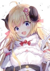 Rule 34 | 1girl, :d, ahoge, bare shoulders, blonde hair, commentary, crazy smile, curled horns, hair ornament, hair ribbon, hairclip, harp, highres, hololive, horns, instrument, long hair, looking at viewer, open mouth, purple eyes, ribbon, sheep girl, sheep horns, smile, solo, topia, tsunomaki watame, tsunomaki watame (1st costume), virtual youtuber, wide-eyed
