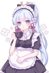 Rule 34 | 1girl, :o, apron, ascot, ayaka (genshin impact), black bow, black dress, black hairband, blue eyes, blue lips, blunt bangs, blunt ends, blush, bow, bow hairband, bowtie, center frills, clenched hand, collared shirt, commentary, cup, dress, english commentary, eyelashes, fantasy, flower, flower button, frilled apron, frilled dress, frilled hairband, frills, genshin impact, hair bow, hair ribbon, hairband, holding, holding cup, long hair, looking at viewer, maid, maid headdress, open mouth, ponytail, puffy short sleeves, puffy sleeves, red ribbon, ribbon, shirt, short dress, short sleeves, sidelocks, teacup, twitter username, very long hair, waist apron, white ascot, white background, white bow, white bowtie, white flower, white shirt, yukomeow