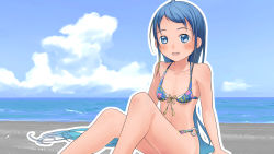 Rule 34 | 1girl, beach, bikini, blue bikini, blue eyes, blue hair, blue sky, breasts, cloud, commentary request, day, floral print, front-tie bikini top, front-tie top, gradient hair, hashijiro kou, highres, horizon, kantai collection, long hair, looking at viewer, multicolored hair, o-ring, o-ring bikini, o-ring bottom, ocean, outdoors, samidare (kancolle), sitting, sky, small breasts, solo, swept bangs, swimsuit, tan, very long hair