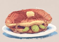 Rule 34 | artist name, blue eyes, blush, closed mouth, commentary request, food, food focus, grey background, looking at viewer, manino (mofuritaionaka), no humans, one-hour drawing challenge, original, pancake, plate, signature, simple background, smile, syrup, turtle, you&#039;re doing it wrong