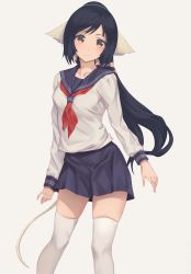 Rule 34 | 1girl, animal ears, arms at sides, black hair, blue sailor collar, blue skirt, brown eyes, closed mouth, collarbone, commentary, feet out of frame, grey background, hair ornament, highres, kuon (utawarerumono), long hair, long sleeves, looking at viewer, miniskirt, miura-n315, neckerchief, ponytail, red neckerchief, sailor collar, school uniform, serafuku, shirt, simple background, skirt, smile, solo, standing, tareme, thighhighs, utawarerumono, utawarerumono: itsuwari no kamen, very long hair, white shirt, white thighhighs, zettai ryouiki