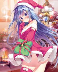Rule 34 | 10s, 1girl, ange vierge, bell, blue eyes, blue hair, blush, chimney, christmas ornaments, christmas tree, collar, collarbone, dress, elbow gloves, fire, fur trim, gift, gloves, hair ornament, hairclip, hat, highres, holding, indoors, long hair, looking at viewer, red dress, ryouka (suzuya), santa costume, santa hat, short dress, solo, sougetsu saya, sparkle, thighhighs, zettai ryouiki
