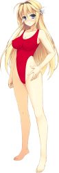 Rule 34 | 1girl, absurdres, barefoot, blonde hair, blue eyes, blush, breasts, cameltoe, cleavage, covered navel, feet, full body, highres, leotard, long hair, looking at viewer, red leotard, smile, solo, standing, transparent background