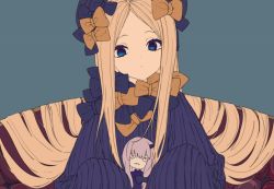 Rule 34 | 1girl, abigail williams (fate), aqua background, blonde hair, blue eyes, bow, closed mouth, cogecha, doll, fate/grand order, fate (series), hair bow, holding, lavinia whateley (fate), long hair, long sleeves, looking at viewer, orange bow, oversized clothes, pink hair, purple bow, purple shirt, shirt, simple background, sleeves past fingers, sleeves past wrists, straight hair, upper body, very long hair