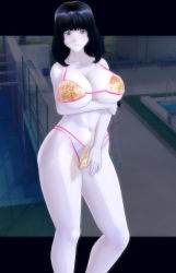Rule 34 | 1girl, 3d, artificial academy 2, bikini, black hair, blue eyes, blush, breasts, claudia (guild of honor), cleavage, colored skin, curvy, empty pool, guild of honor, huge breasts, mobirum, navel, nose, pool, short hair, smile, swimsuit, white skin