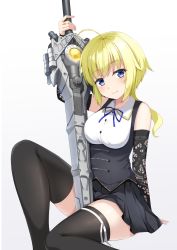 Rule 34 | 1girl, ahoge, amano soraha, arm behind back, arm up, assault lily, bare shoulders, black skirt, black sleeves, black thighhighs, blonde hair, blue eyes, blue ribbon, blush, breasts, buttons, closed mouth, collared shirt, commentary request, detached sleeves, feet out of frame, grey background, gungun (hakutou7887), head tilt, highres, holding, holding sword, holding weapon, invisible chair, jewelry, knee up, lace sleeves, leg ribbon, long hair, long sleeves, looking at viewer, low ponytail, medium breasts, miniskirt, neck ribbon, pleated skirt, ponytail, ribbon, ring, school uniform, shirt, sitting, skirt, sleeveless, sleeveless shirt, smile, solo, sword, sword between thighs, thigh ribbon, thighhighs, underbust, weapon, white background, white ribbon, yurigaoka girls academy school uniform