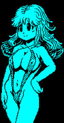 Rule 34 | 1girl, blush, breasts, cleavage, cleavage cutout, clothing cutout, dragon quest, dragon quest ii, hand on own hip, large breasts, long hair, looking up, monochrome, navel, navel cutout, one-piece swimsuit, pixel art, princess of moonbrook, saiwai hiroshi, smile, square enix, standing, swimsuit