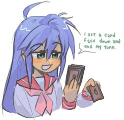 Rule 34 | 1girl, blue hair, blush stickers, card, green eyes, holding, holding card, izumi konata, looking at card, lucky star, messy hair, mole, mole under eye, red sailor collar, sailor collar, school uniform, simple background, solo, watermelonie4, white background, yu-gi-oh!