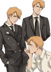 Rule 34 | 1boy, black necktie, black suit, bleach, buttons, chin rest, collared shirt, cowboy shot, cropped torso, double-breasted, formal, frown, furrowed brow, hands in pockets, head on head, head rest, highres, kurosaki ichigo, male focus, multiple views, necktie, noriarchives, orange hair, pocket square, shirt, short hair, simple background, sleeves rolled up, solo, suit, swept bangs, white background, white shirt