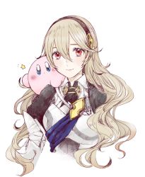 Rule 34 | 1girl, 1other, armor, armored dress, ballpoint pen (medium), blue eyes, blush, blush stickers, corrin (female) (fire emblem), corrin (fire emblem), fire emblem, fire emblem fates, grey hair, hair between eyes, hairband, highres, kirby, kirby (series), lips, long hair, looking at viewer, nintendo, red eyes, roroichi, simple background, smile, star (symbol), super smash bros., traditional media, upper body, white background