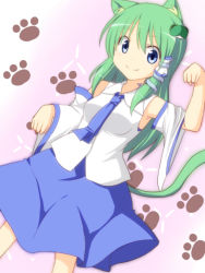 Rule 34 | 1girl, animal ears, armpits, blue eyes, blush, breasts, cat ears, cat tail, collared shirt, detached sleeves, dutch angle, frog hair ornament, green hair, hair ornament, kemonomimi mode, kochiya sanae, loafers, looking at viewer, necktie, nitizyo, paw pose, paw print, pigeon-toed, shirt, shoes, skirt, smile, snake hair ornament, socks, solo, tail, touhou, vest