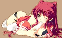 Rule 34 | 1girl, artist request, food, ice cream, kousaka tamaki, lingerie, loose thighhigh, lying, one eye closed, popsicle, red hair, school uniform, sexually suggestive, solo, thighhighs, to heart (series), to heart 2, underwear, watermark, white thighhighs, wink