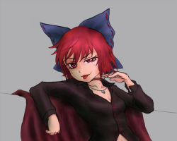 Rule 34 | 1girl, blue bow, bow, breasts, choker, cleavage, eyelashes, hand up, jewelry, leaning back, looking at viewer, miata (miata8674), navel, necklace, red eyes, red hair, sekibanki, short hair, simple background, sitting, skull necklace, small breasts, smirk, solo, swag, tongue, tongue out, touhou, unbuttoned