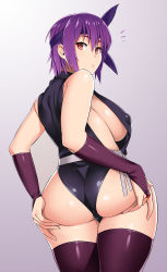 Rule 34 | 1girl, ass, ayane (doa), bare shoulders, black thighhighs, breasts, dead or alive, from behind, gloves, gradient background, headband, highres, large breasts, looking back, no bra, purple hair, red eyes, short hair, solo, thighhighs, zonda (solid air)