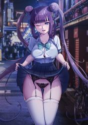 Rule 34 | 1girl, alternate costume, black panties, blue eyes, blue skirt, blunt bangs, blush, bra visible through clothes, breasts, cityscape, clothes lift, collarbone, collared shirt, contemporary, double bun, fate/grand order, fate (series), garter belt, garter straps, gluteal fold, hair bun, hair ornament, high-waist skirt, highres, large breasts, leaf hair ornament, lifting own clothes, long hair, looking at viewer, one eye closed, open mouth, panties, panties over garter belt, pleated skirt, purple hair, school uniform, serafuku, shirt, short sleeves, skirt, skirt lift, smile, solar (happymonk), solo, string panties, thighhighs, thighs, thong, twintails, underwear, very long hair, white shirt, white thighhighs, yang guifei (fate)