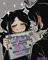 Rule 34 | 1boy, 1girl, andrew graves, ashley graves, black hair, black sweater, blush, closed eyes, english text, grey background, highres, holding, holding sign, implied incest, ponytail, siblings, sign, skullmyst, sweater, the coffin of andy and leyley