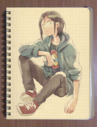 Rule 34 | 1boy, black hair, black pants, black shirt, closed mouth, commentary, grey jacket, hekicha, highres, holding, hood, hood down, hooded jacket, jacket, kabe taijin, looking at viewer, male focus, notebook, open clothes, open jacket, pants, paripi koumei, print shirt, red footwear, shirt, shoelaces, shoes, short hair, sitting, sneakers, solo, traditional media