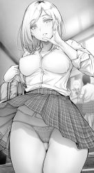 Rule 34 | 3girls, bag, blush, breasts, cameltoe, commentary request, cowboy shot, gentsuki, greyscale, highres, large breasts, long sleeves, looking at viewer, medium hair, monochrome, multiple girls, original, panties, pantyshot, parted lips, school uniform, shirt, shirt tucked in, shoulder bag, skirt, solo focus, thighs, underwear