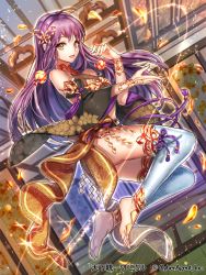 Rule 34 | 1girl, :d, ahoge, black sleeves, detached sleeves, floating hair, full body, hair ornament, long hair, long sleeves, looking at viewer, open mouth, purple hair, sila (carpen), smile, solo, tenka touitsu chronicle, thighhighs, very long hair, white thighhighs, wide sleeves, yellow eyes
